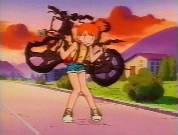 A screenshot from the Pokemon animated series of the character Misty carrying her electrocuted bike in anger.